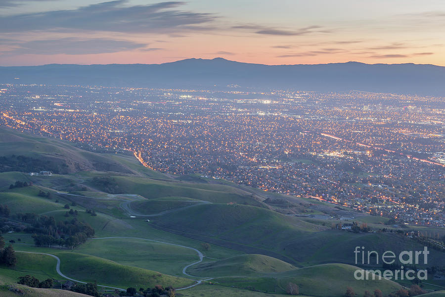Sunset Photograph - Silicon Valley and Green Hills at Dusk. Monument Peak, Ed R. Levin County Park, Milpitas, California by Yuval Helfman