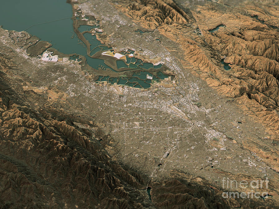 San Jose Digital Art - Silicon Valley Topographic Map 3D Landscape View Natural Color by Frank Ramspott