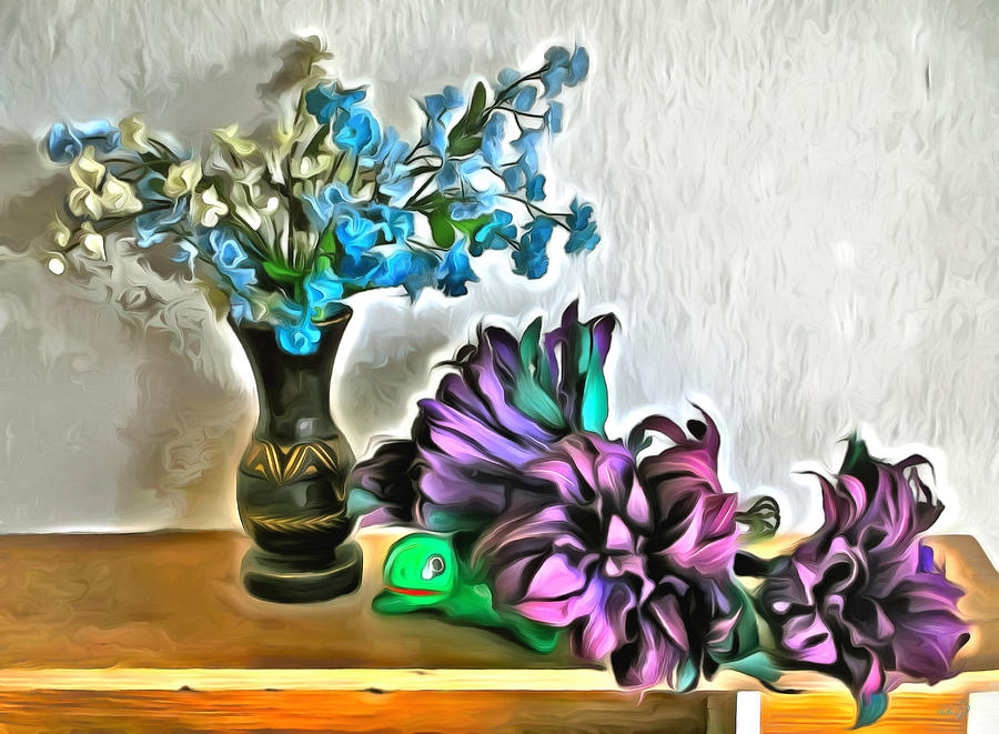 Turtle Painting - Silk and Corn Husk Flowers 2190 by Lola Villalobos