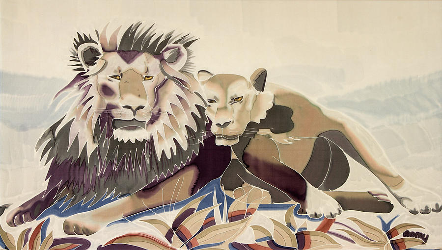 Lion Painting - Silk Lions by Romy Muirhead