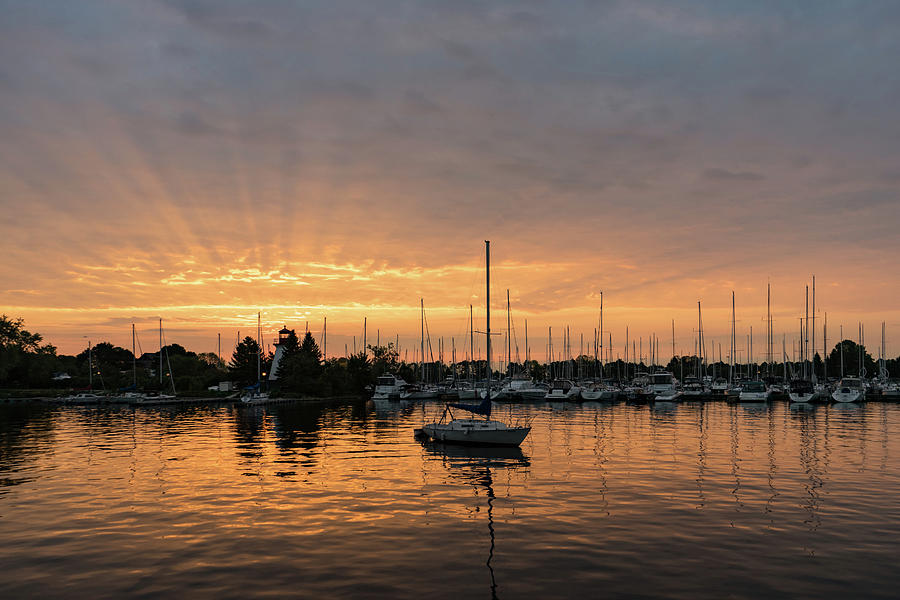 Silky Sunrays Sailboat - a Gorgeous Sunrise at a Marina Photograph by Georgia Mizuleva