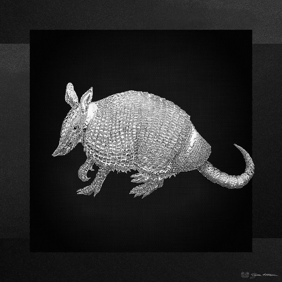 Animal Digital Art - Silver Armadillo on Black Canvas by Serge Averbukh