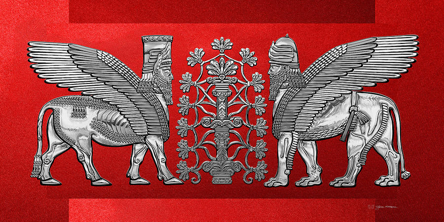Silver Assyrian Winged Lion and Winged Bull - Lumasi with Tree of Life over Red Canvas Digital Art by Serge Averbukh