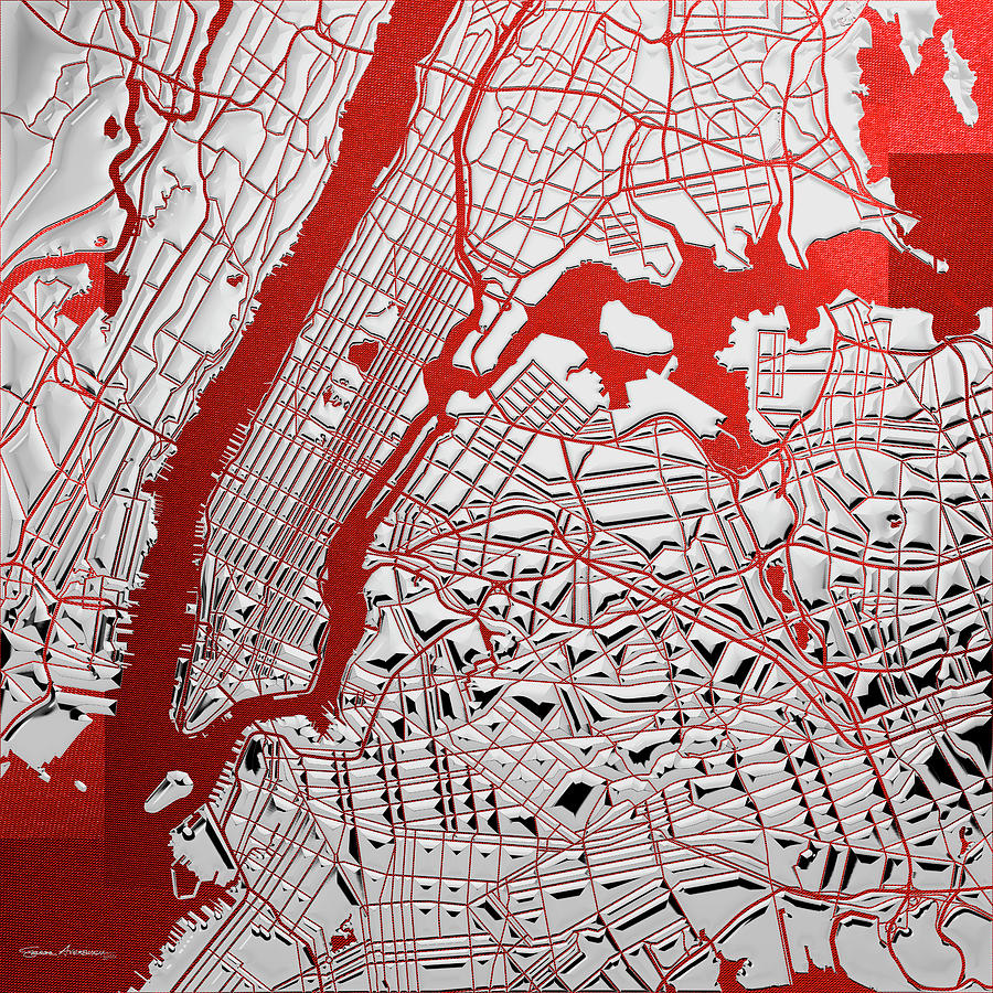 Silver Cities - Silver City Map New York on Red Digital Art by Serge Averbukh
