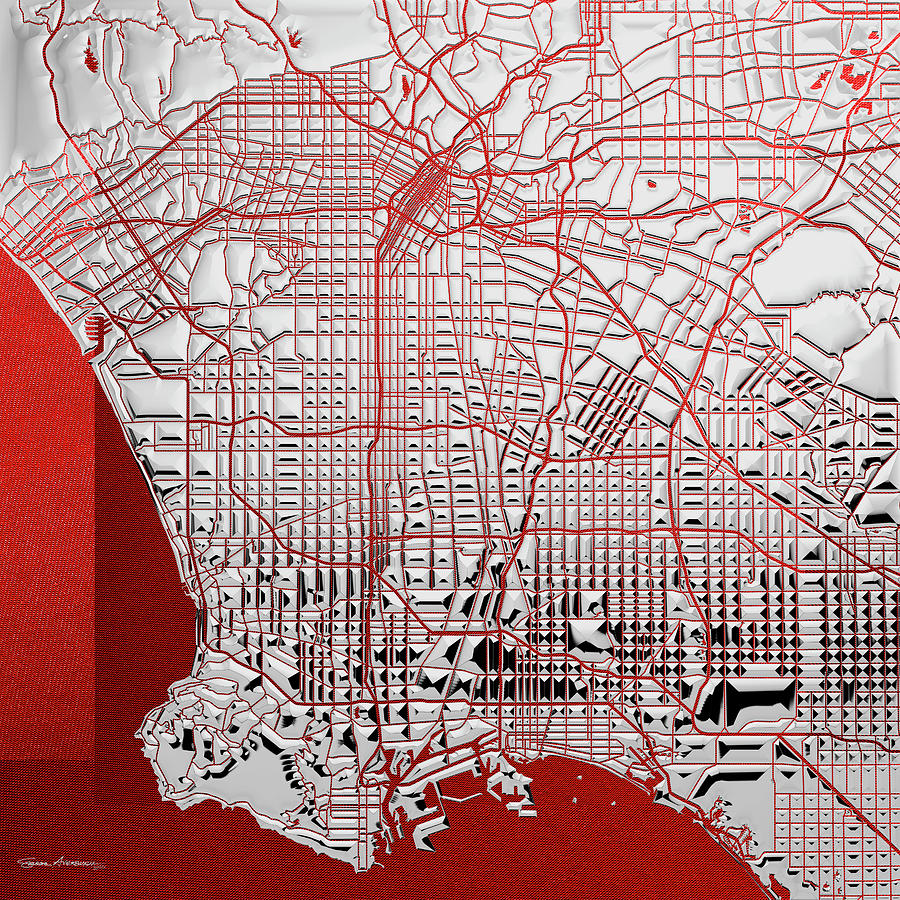 Silver Cities - Silver City Map of Los Angeles on Red Digital Art by Serge Averbukh