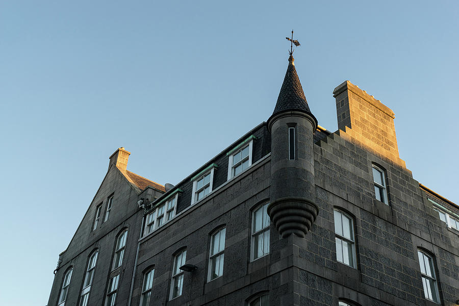 Silver City Architecture - Aberdeen Facade with a Whimsical Tower at Sunrise Photograph by Georgia Mizuleva