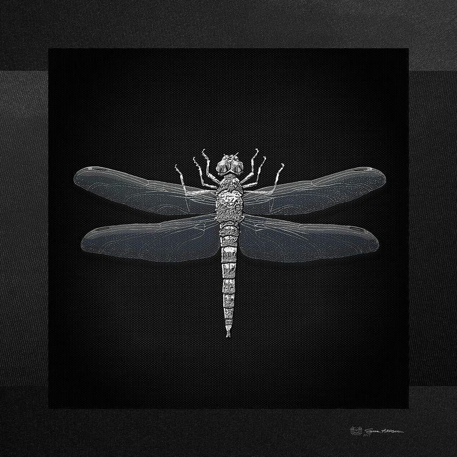 Silver Dragonfly on Black Canvas Digital Art by Serge Averbukh
