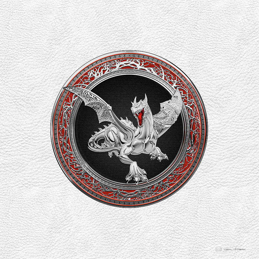Silver Guardian Dragon over White Leather Digital Art by Serge Averbukh