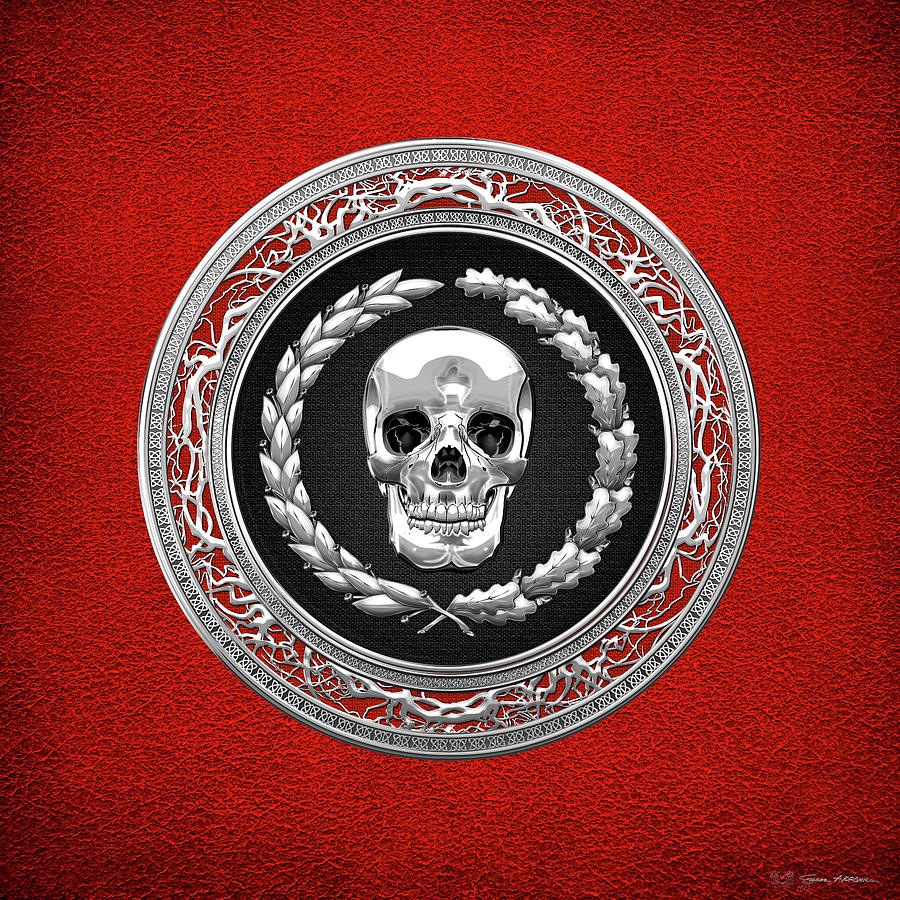 Silver Human Skull over Red Leather  Digital Art by Serge Averbukh