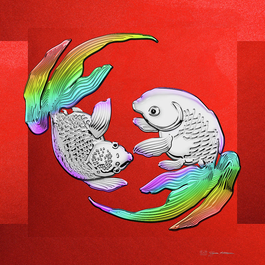 Retro Japan Digital Art - Silver Japanese Koi Goldfish over Red Canvas by Serge Averbukh