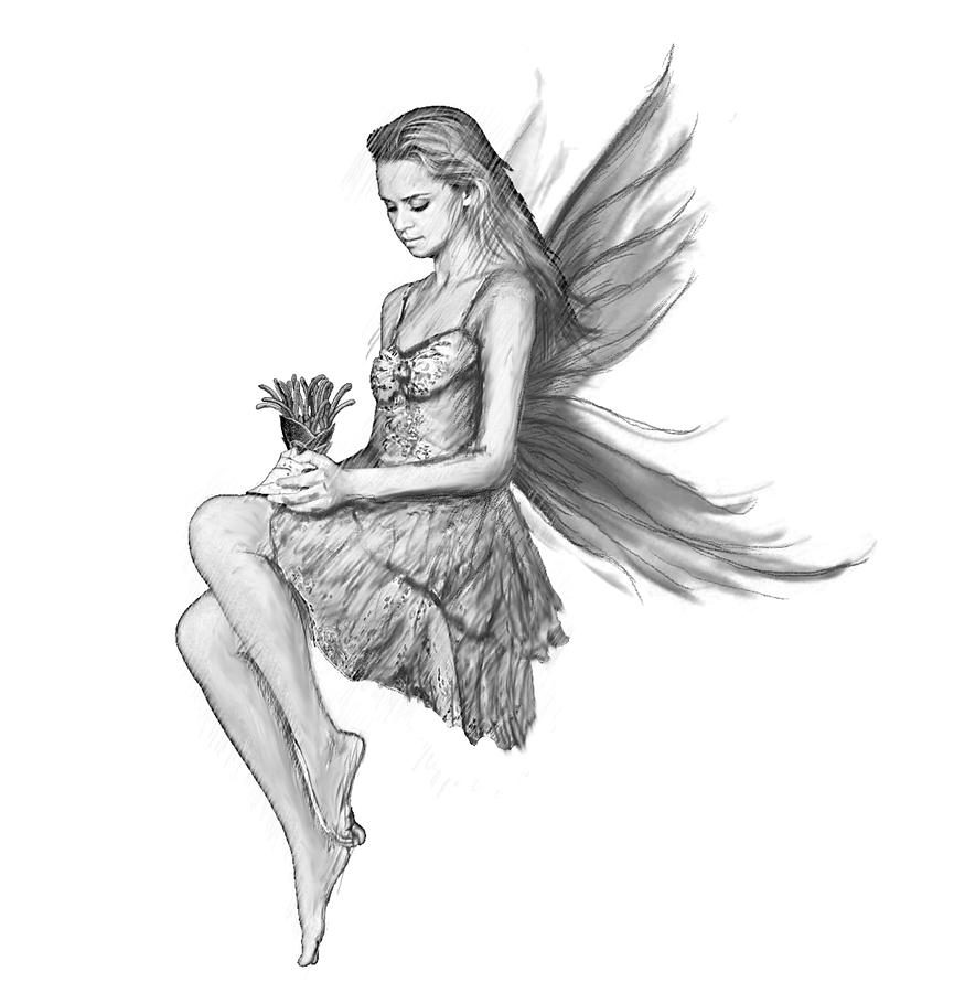 Silver Maple Fairy holding Flower B And W Digital Art by Yuichi Tanabe