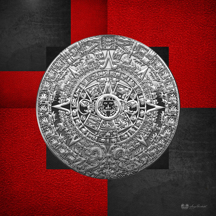 Silver Mayan-Aztec Calendar on Black and Red Leather Digital Art by Serge Averbukh