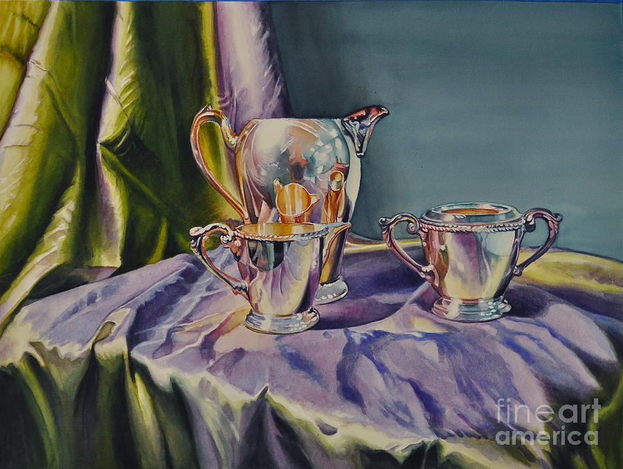 Still Life Painting - Silver on Purple Drapery by Cynthia Peterson