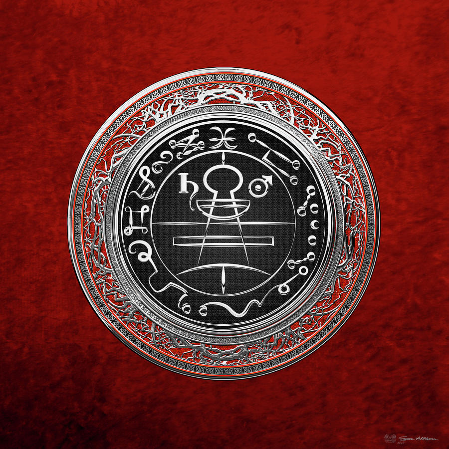 Silver Seal of Solomon - Lesser Key of Solomon on Red Velvet  Digital Art by Serge Averbukh