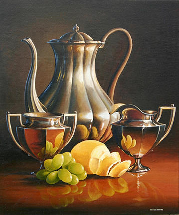 Still Life Painting - Silver Set with Fruits by Varvara Harmon