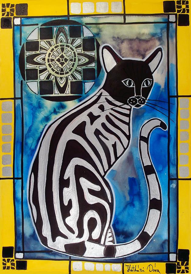Silver Tabby with Mandala - Cat Art by Dora Hathazi Mendes Painting by Dora Hathazi Mendes