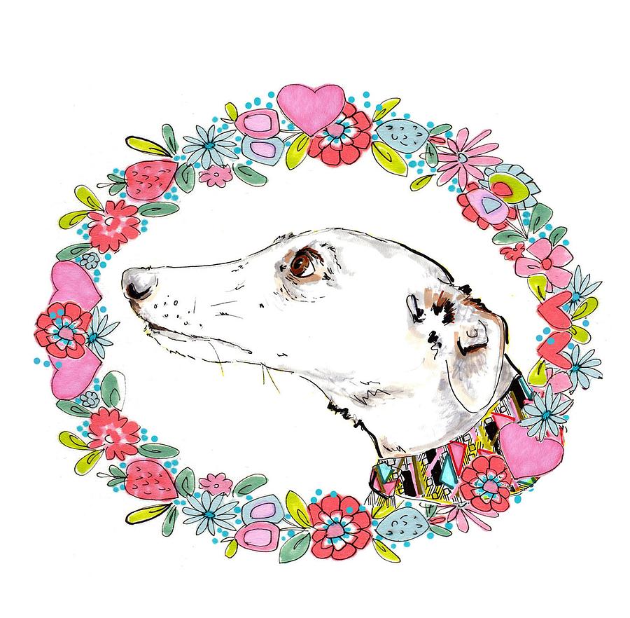 Flower Painting - Silvertips Greyhound With Floral Border  by Jo Chambers