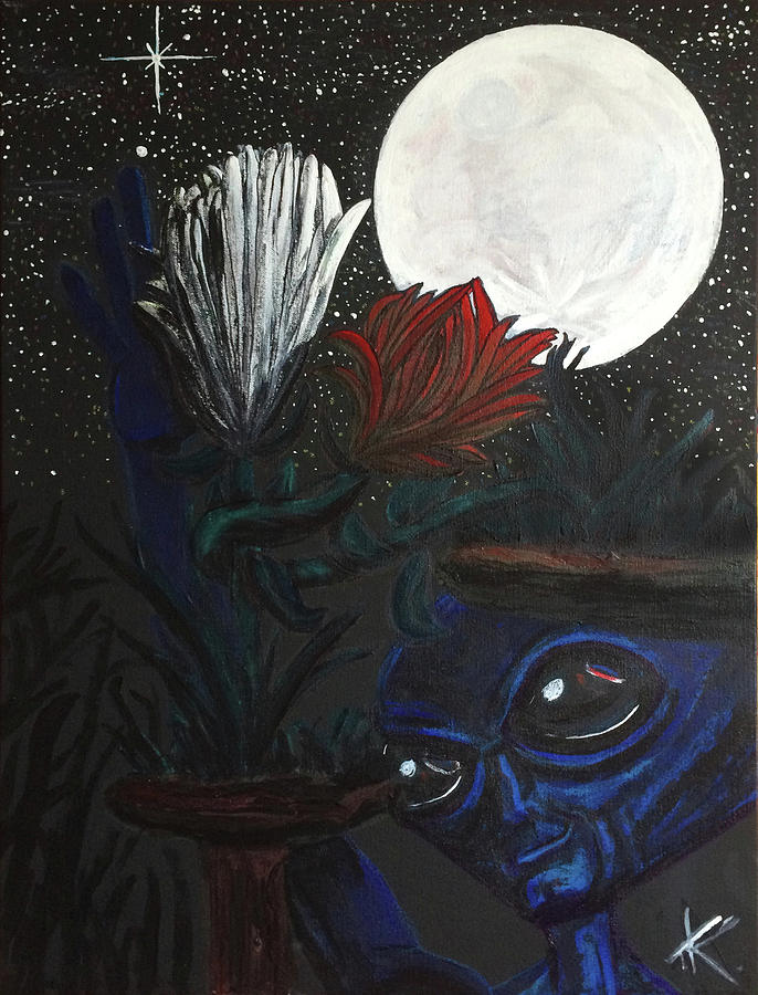 Similar Alien appreciates flowers by the light of the full moon. Painting by Similar Alien