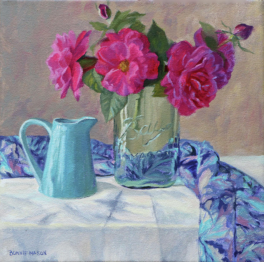 Simple Things - Pink Roses in an old Mason jar Painting by Bonnie Mason