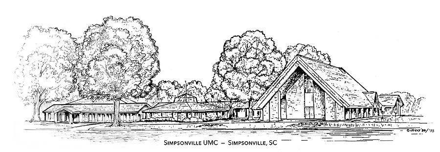 Simpsonville Drawing - Simpsonville UMC by Greg Joens