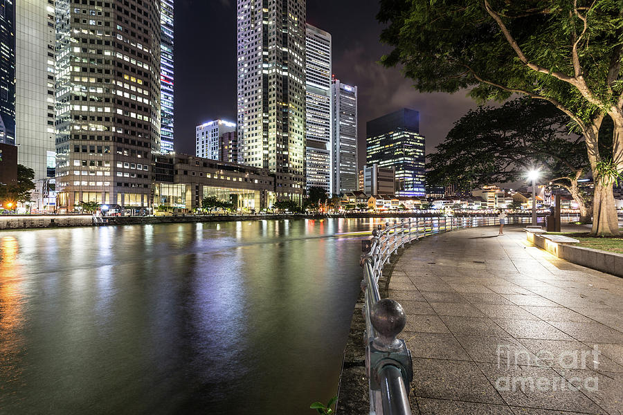 Singapore river at night with financial district in Singapore Photograph by Didier Marti