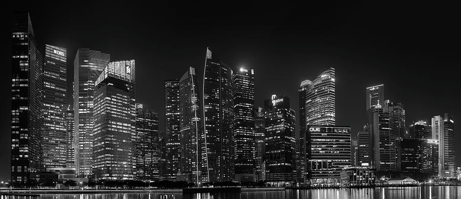 Singapore Skyline Panorama Black and White Photograph by Rick Deacon