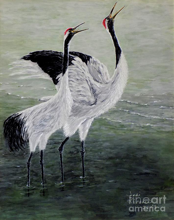 Wildlife Painting - Singing Cranes by Judy Kirouac