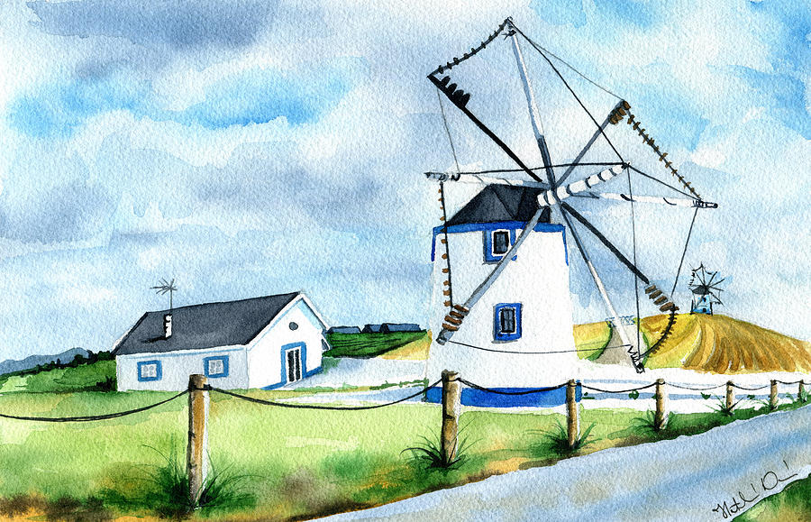 Singing Windmill In Portugal Painting by Dora Hathazi Mendes