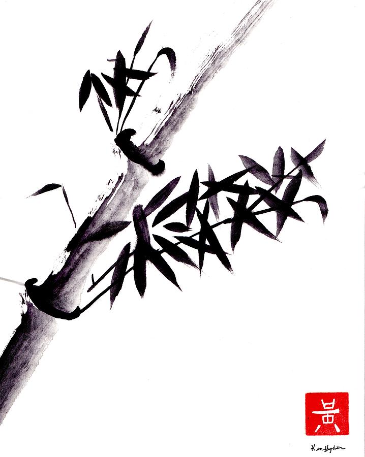 Single Black Bamboo - Sumi E Painting by Ken Hughson