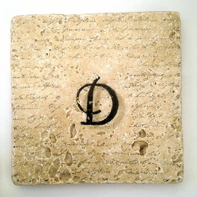 Single D Monogram Tile Coaster with Script Mixed Media by Angela Rath