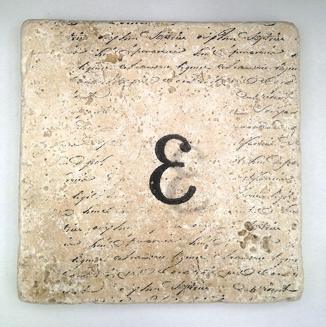 Single E Monogram Tile Coaster with Script Mixed Media by Angela Rath