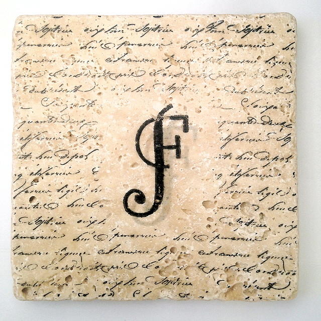 Single F Monogram Tile Coaster with Script Mixed Media by Angela Rath