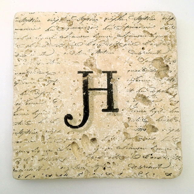 Single H Monogram Tile Coaster with Script Mixed Media by Angela Rath