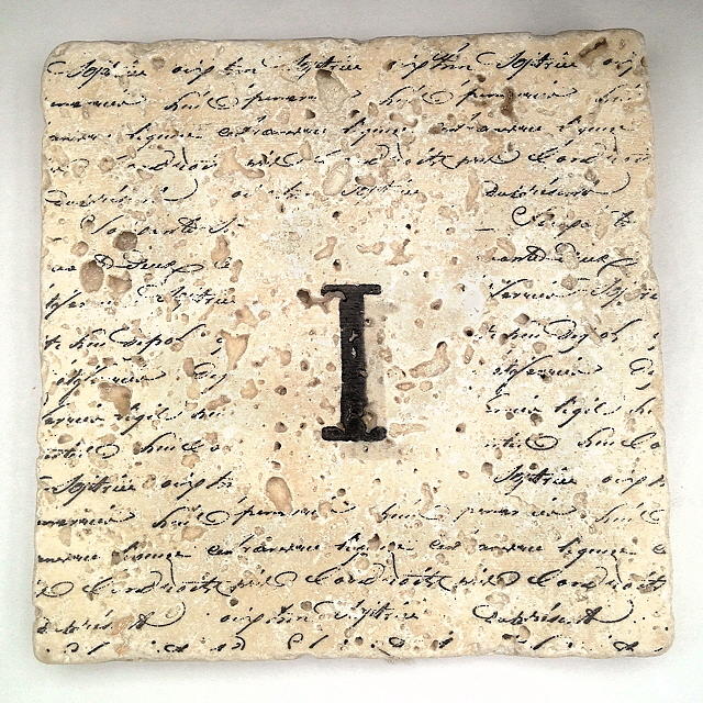 Single I Monogram Tile Coaster with Script Mixed Media by Angela Rath