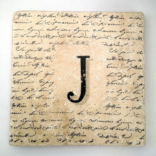 Single J Monogram Tile Coaster with Script Mixed Media by Angela Rath