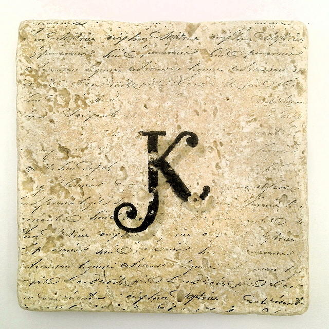 Single K Monogram Tile Coaster with Script Mixed Media by Angela Rath