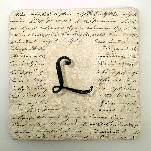 Single L Monogram Tile Coaster with Script Mixed Media by Angela Rath