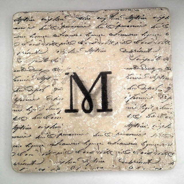 Single M Monogram Tile Coaster with Script Mixed Media by Angela Rath