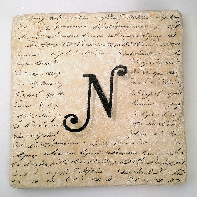Single N Monogram Tile Coaster with Script Mixed Media by Angela Rath