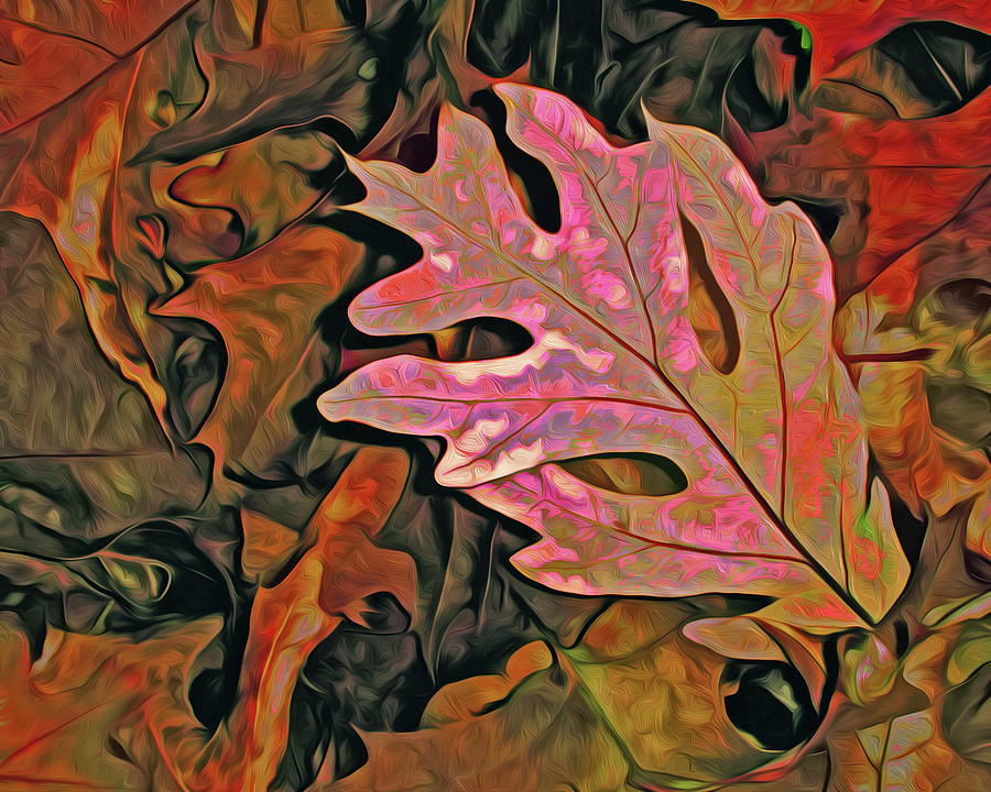 Single Oak Leaf on Leaves Red and Green Mixed Media by Lynda Lehmann