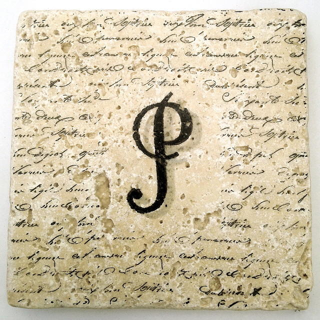 Single P Monogram Tile Coaster with Script Mixed Media by Angela Rath