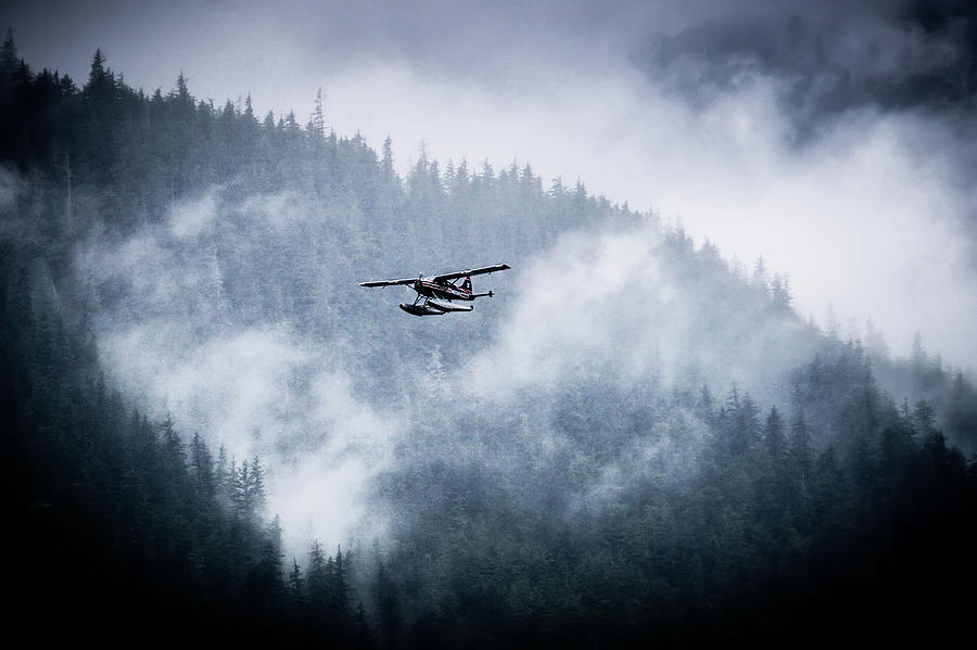 Single Prop Airplane Pontoon Plane flying through fog over Alask Photograph by Alex Grichenko