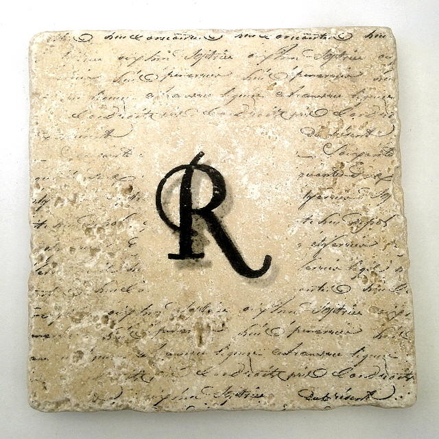 Single R Monogram Tile Coaster with Script Mixed Media by Angela Rath