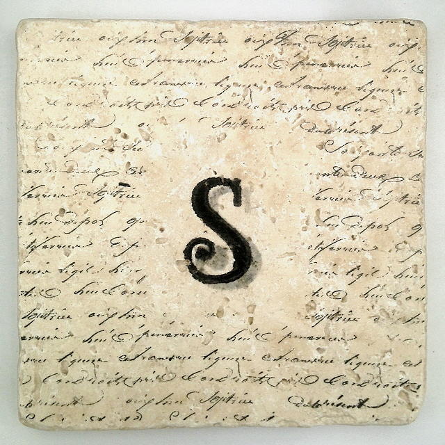Single S Monogram Tile Coaster with Script Mixed Media by Angela Rath