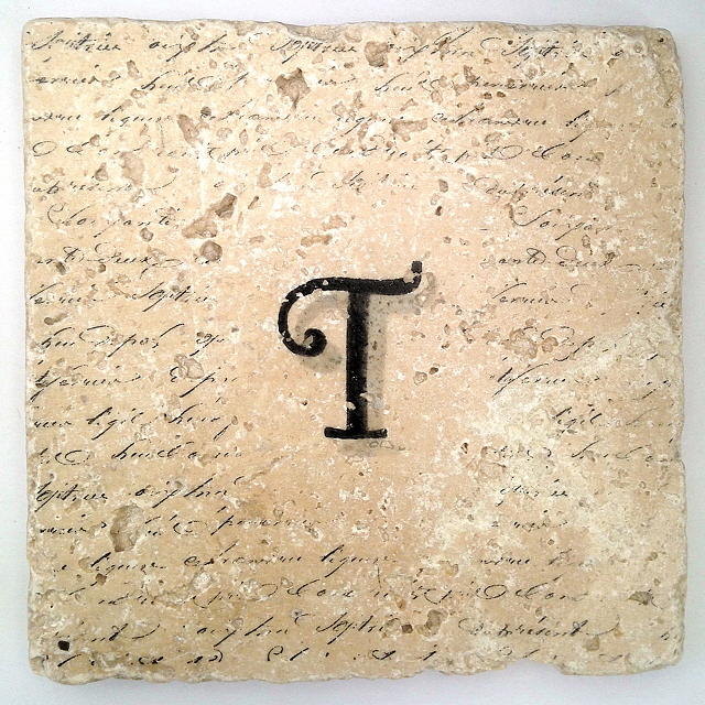 Single T Monogram Tile Coaster with Script Mixed Media by Angela Rath
