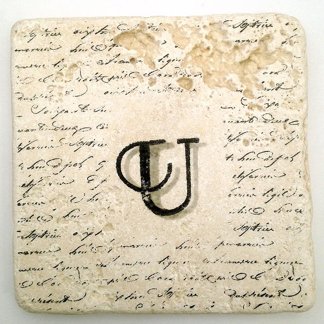 Single U Monogram Tile Coaster with Script Mixed Media by Angela Rath