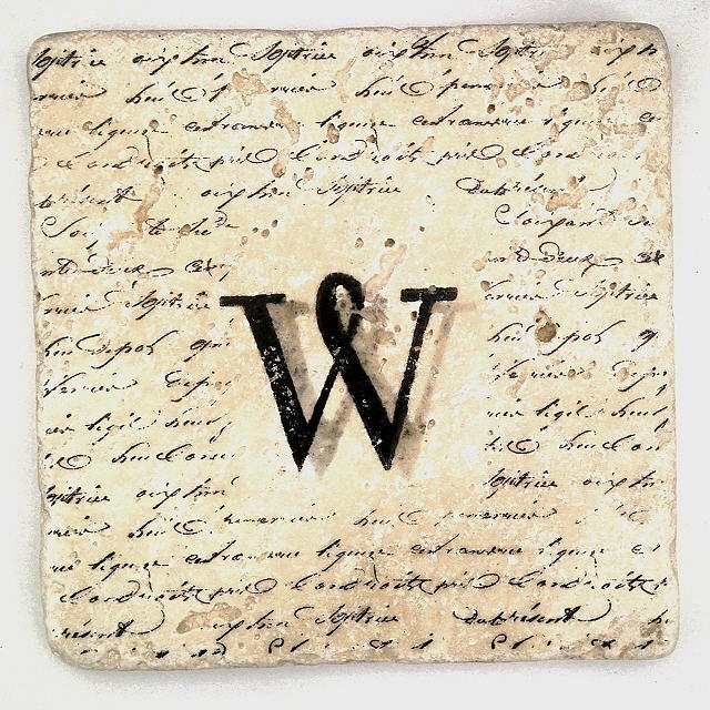 Single W Monogram Tile Coaster with Script Mixed Media by Angela Rath