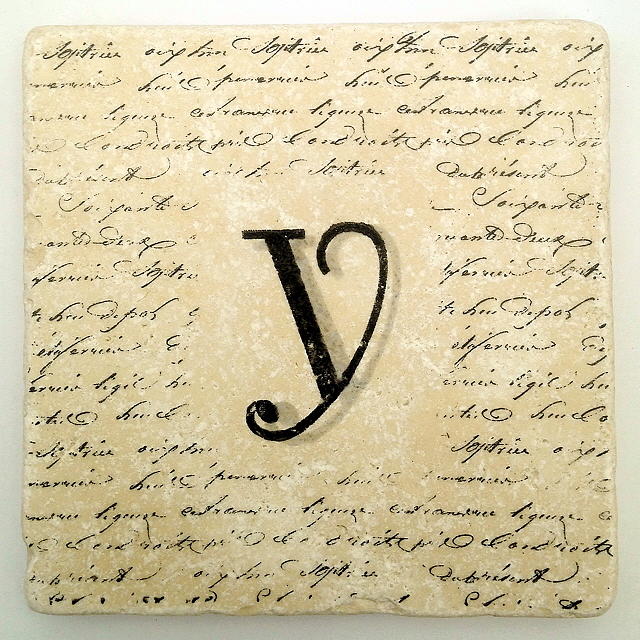 Single Y Monogram Tile Coaster with Script Mixed Media by Angela Rath