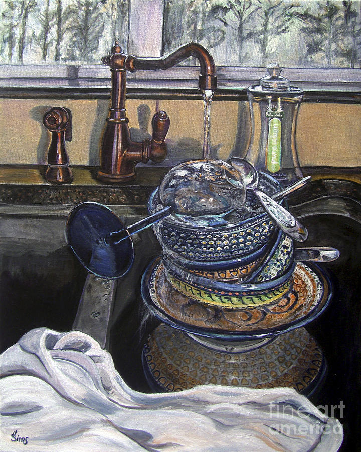 Still Life Painting - Sink Full Polish Pottery L by Heather Sims
