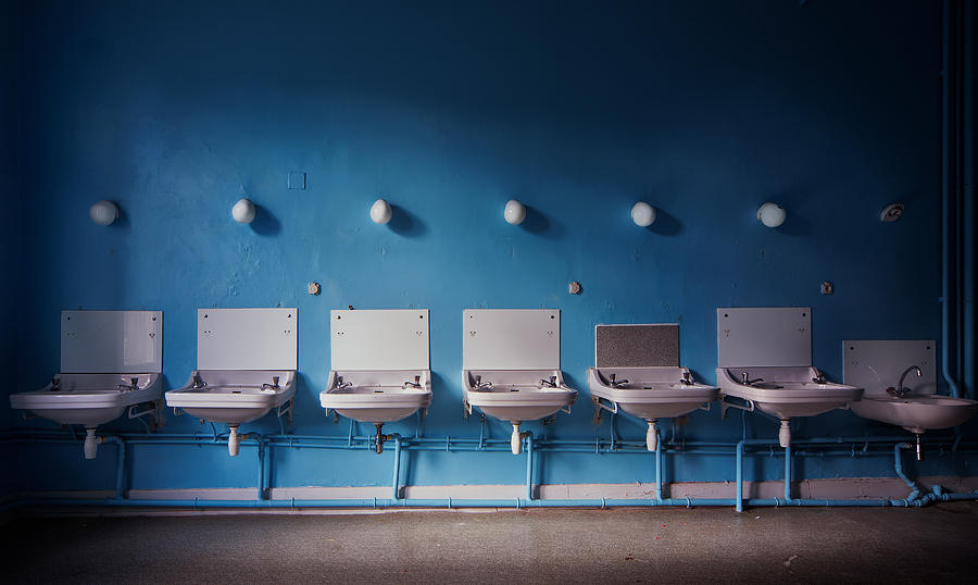 Vintage Photograph - Sink units row in blue - abandoned school by Dirk Ercken